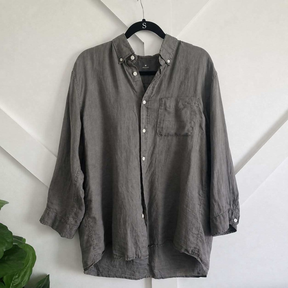 Uniqlo Button Down Shirt Women M Grey 100% Linen Long Sleeve Relaxed Fit